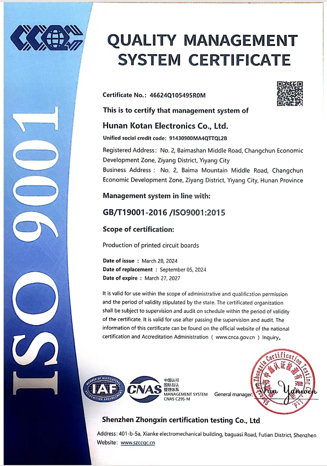 ISO 9001:2015 Hunan Kotan